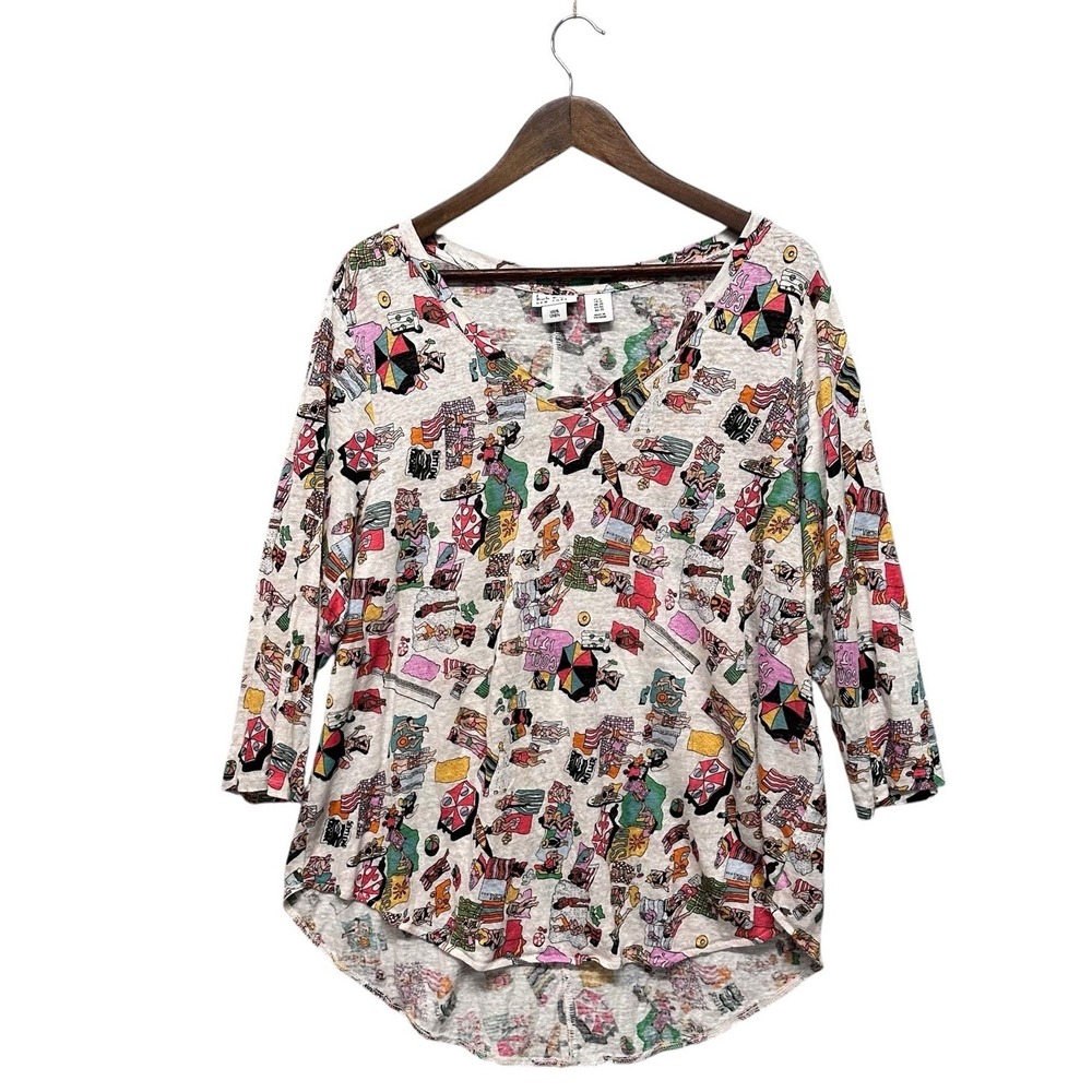 Nicole Miller Womens 100% Linen V-neck Top Plus Size 1X Beachy‎ Print Resort 3/4